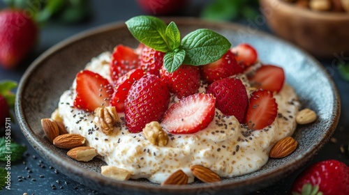 Fresh strawberries and nuts served on creamy yogurt in a stylish bowl