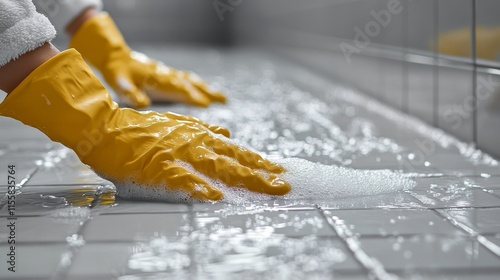 Hands in yellow gloves cleaning tiled floor with soap and water in a bright area