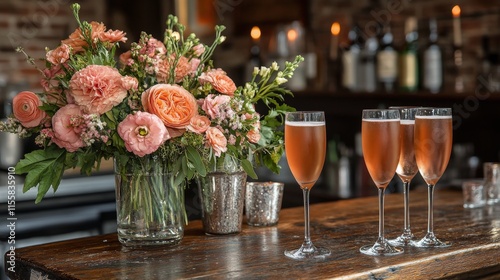Toasting with sparkling wine at a romantic evening celebration with floral ce...
