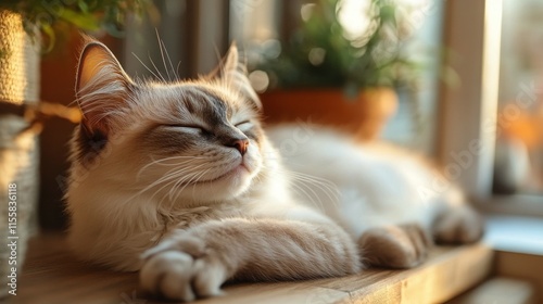 Sleeping cat relaxes on a sunny windowsill surrounded by potted plants