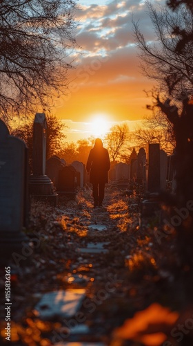 Sunset walk through an old cemetery with shadows and warm colors
