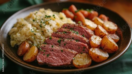 Savory roast beef served with garlic potatoes and red cabbage on a dark plate