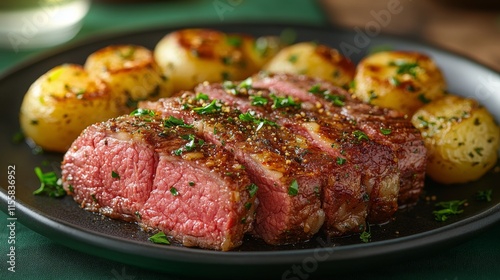 Savory roast beef served with garlic potatoes and red cabbage on a dark plate