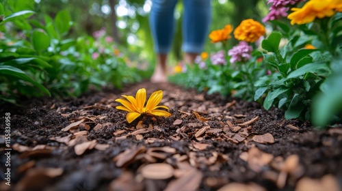Gardening activity showcasing planting of yellow flowers in a lush garden dur...