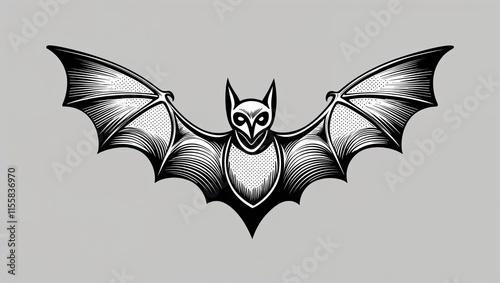 Retro Graphic of a Bat in Black and White, Isolated to Highlight Its Mysterious and Gothic Appeal photo