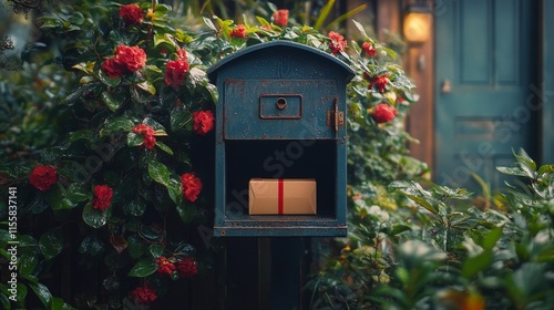 Vintage mailbox on a quiet street surrounded by autumn foliage in a suburban ...
