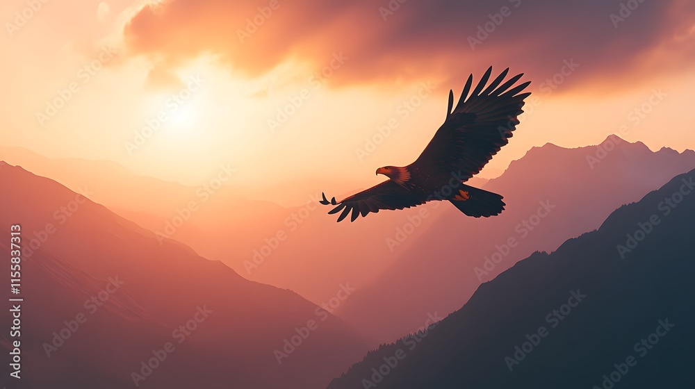 Naklejka premium Majestic Eagle Soaring Over Sunset Mountain Range