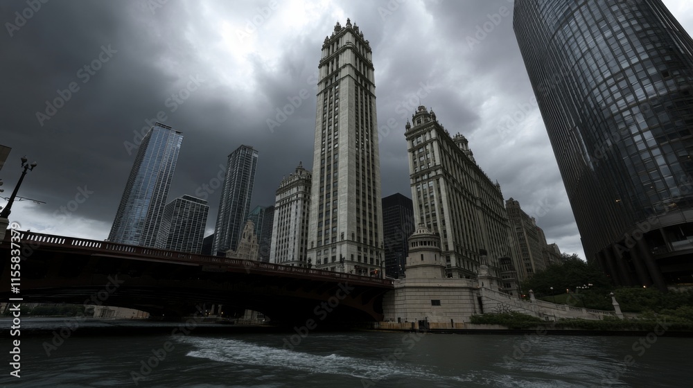 Obraz premium Overcast City Skyline with Low Light and Dramatic Clouds