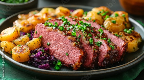 Savory roast beef served with garlic potatoes and red cabbage on a dark plate
