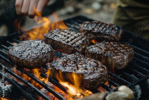 Grilling marbled steaks over bright flames at a rustic outdoor barbecue event