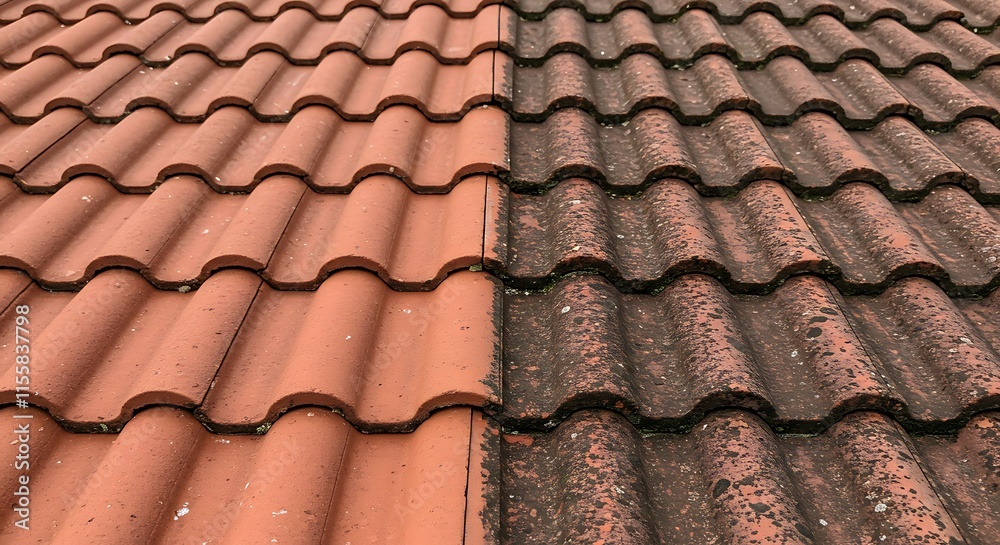 Roof tiles with a contrasting appearance: one side clean and the other side dirty, illustrating the impact of cleaning or weather exposure on roofing materials Roof tiles with a contrasting appearance: one side clean and the other side dirty, illustrating the impact of cleaning or weather exposure on roofing materials