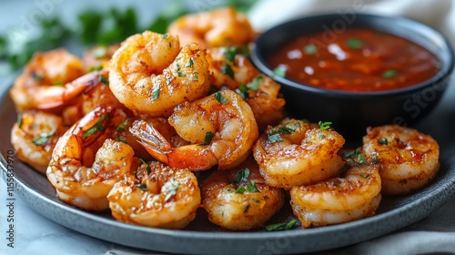 Delicious golden fried shrimp served with dipping sauce on a rustic wooden table