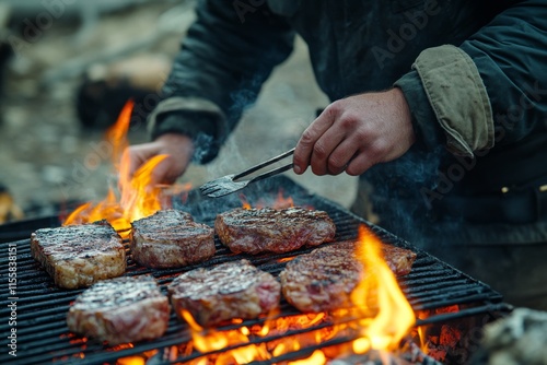 Grilling marbled steaks over bright flames at a rustic outdoor barbecue event