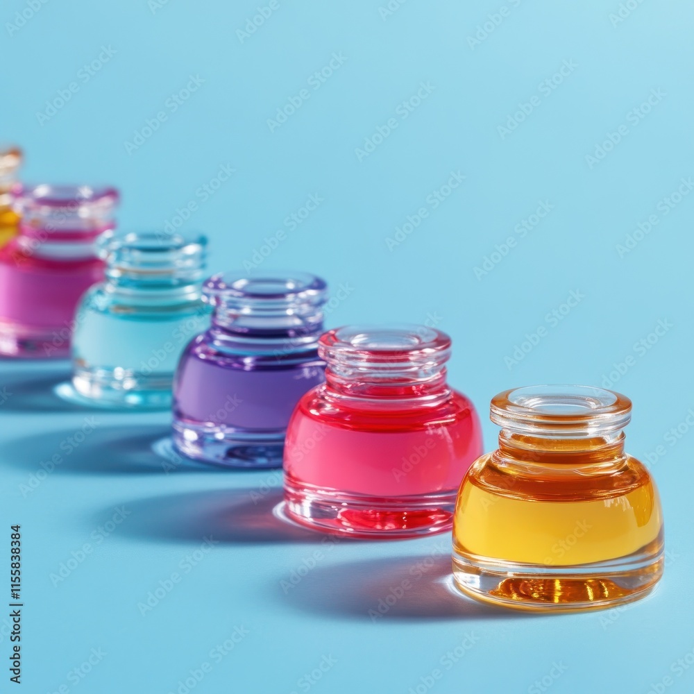 Colorful jars with vibrant liquids in a row on blue background. Colorful jars with vibrant liquids in a row on blue background.