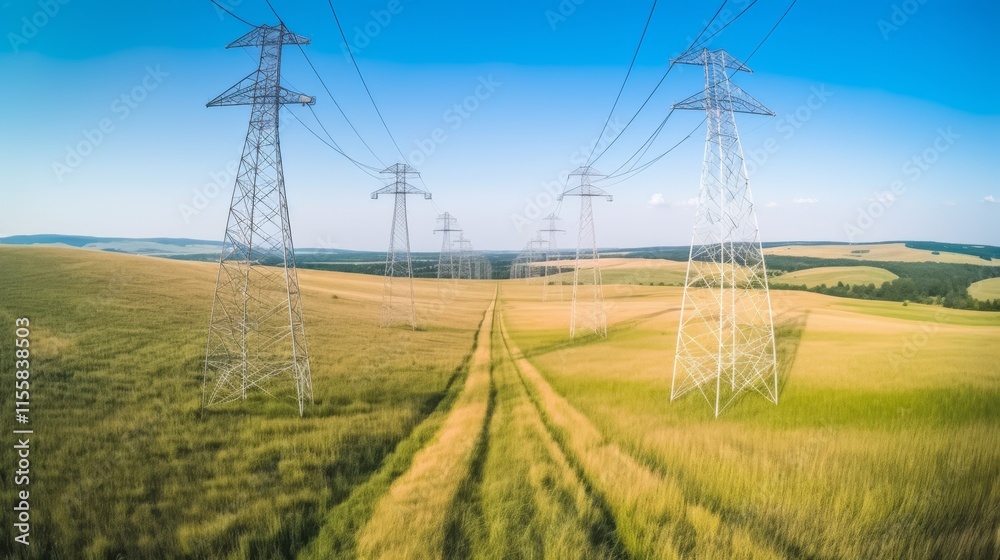 In a vast wilderness, several towering power pylons stretch across the landscape, with cables extending between them. Under the blue sky, the steel structures of the pylons contrast sharply with the In a vast wilderness, several towering power pylons stretch across the landscape, with cables extending between them. Under the blue sky, the steel structures of the pylons contrast sharply with the