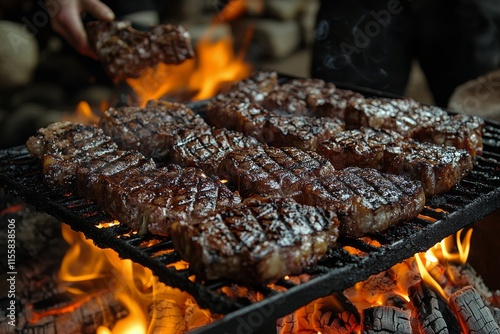Grilling marbled steaks over bright flames at a rustic outdoor barbecue event