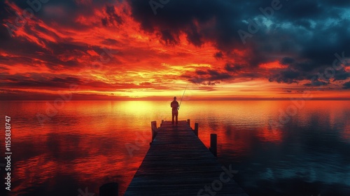 Majestic sunset over a tranquil lake with a lone figure standing on a dock am...