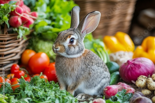 Rabbit among fresh vegetables at an outdoor market during a sunny day