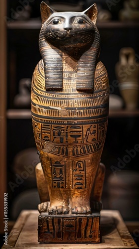 Intricately carved wooden cat statue adorned hieroglyphics stands out against softly blurred background highlighting its detailed features cultural significance photo