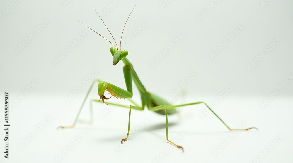 Distant Portrait of a Green Praying Mantis on White Distant Portrait of a Green Praying Mantis on White