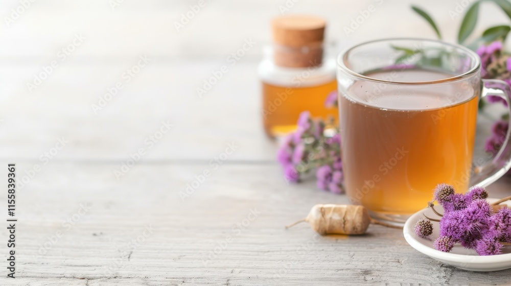 Valerian root tea with whole valerian roots on a Rustic wood surface, copy space Valerian root tea with whole valerian roots on a Rustic wood surface, copy space
