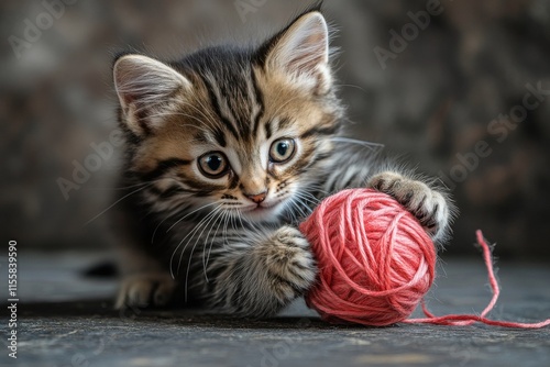 Playful kitten exploring orange yarn ball in a sunny garden setting
