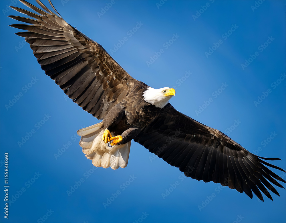 Fototapeta premium A majestic bald eagle in mid-flight with its wings fully spread, showcasing sharp feathers and piercing yellow eyes, isolated against a clear blue sky