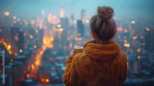 City skyline at dusk with person enjoying a warm beverage overlooking urban landscape