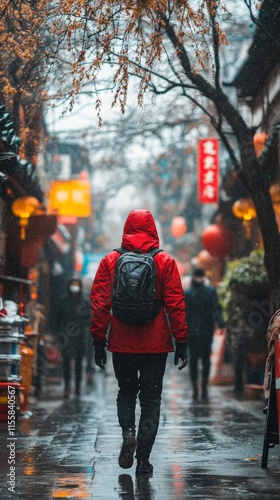 Explore an illuminated street market in the rain on a chilly day with vibrant...