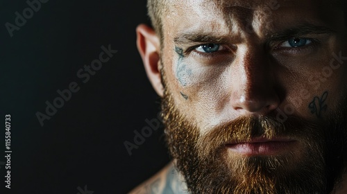 Portrait of a tattooed man with a beard showcasing intense expression and empty space for text or branding in dark background photo