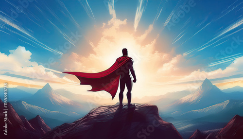 Superhero in red costume with flowing red cape stands on the mountain peak looking over horizon. Surreal comics scene, powerful and heroic concept
