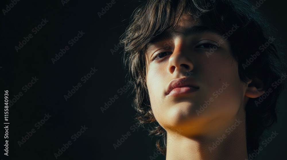 Teenage boy portrait with serene expression illuminated by flash on dark background with ample copy space for creative text applications Teenage boy portrait with serene expression illuminated by flash on dark background with ample copy space for creative text applications