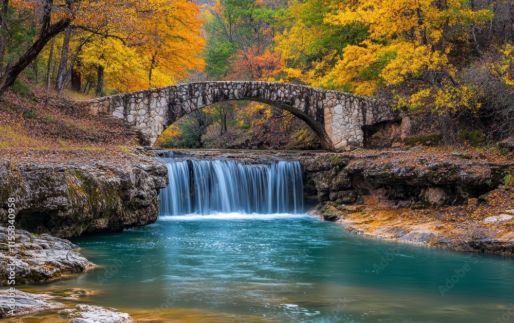 A serene landscape featuring a stone bridge over a waterfall surrounded by autumn foliage. A serene landscape featuring a stone bridge over a waterfall surrounded by autumn foliage.