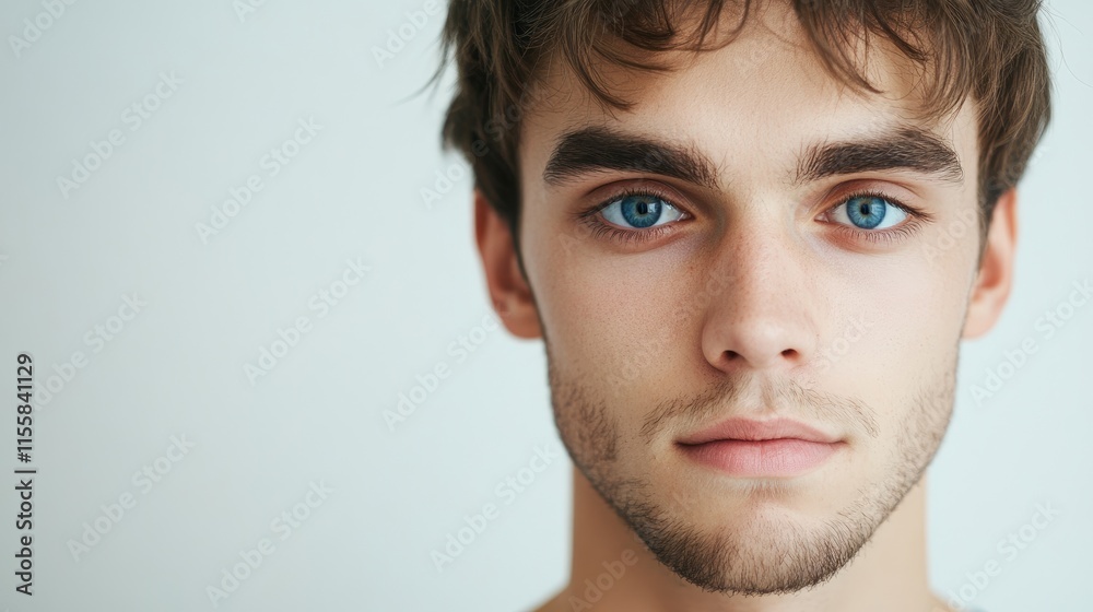 Close up portrait of a young man with striking blue eyes on a pale background ideal for text overlay or advertising purposes Close up portrait of a young man with striking blue eyes on a pale background ideal for text overlay or advertising purposes