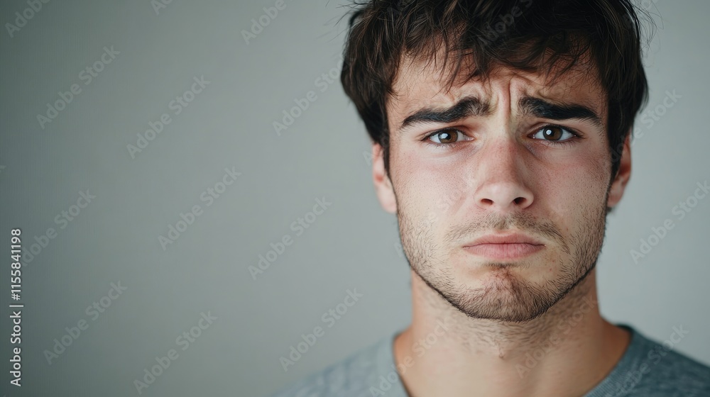 Fototapeta premium Close up of distressed young man with worried expression against neutral background conveying emotions and mental health themes