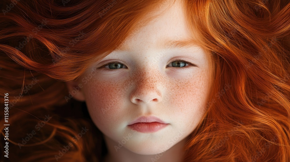 Naklejka premium Close up portrait of a young child with striking red hair and freckles against a soft blurred background ideal for text overlay or design use