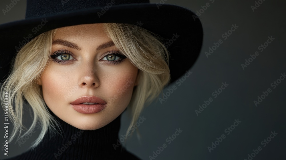 Elegant blonde model in stylish black hat showcasing striking eyes with simple background for customizable text placement and marketing use. Elegant blonde model in stylish black hat showcasing striking eyes with simple background for customizable text placement and marketing use.