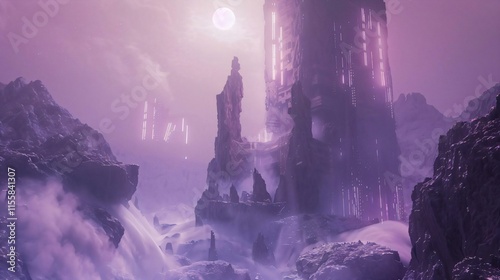 Towering ancient structure stands majestically against purple sky bathed moonlight intricate details hinting longlost civilization amidst fogshrouded mountainous landscape photo