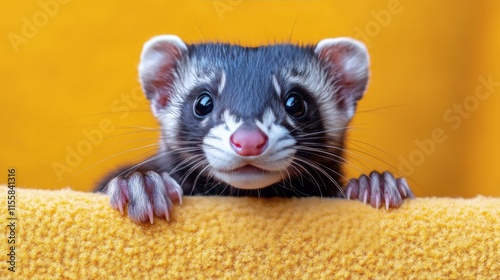 Ferret exploring a colorful tube in a playful indoor setting at a pet facility