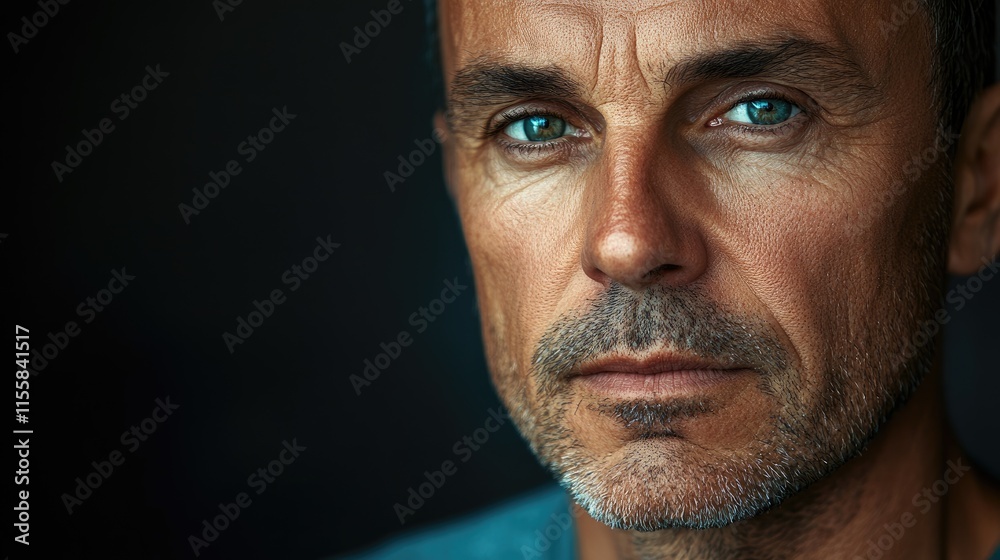 Fototapeta premium Close up portrait of mature man showcasing emotional expression with dramatic lighting and ample space for text or advertising purposes