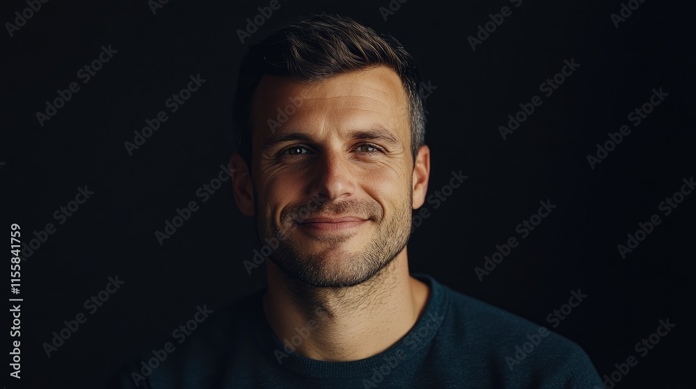 Satisfaction and confidence portrait of man against dark background soft lighting with copy space for text and emotional expression Satisfaction and confidence portrait of man against dark background soft lighting with copy space for text and emotional expression