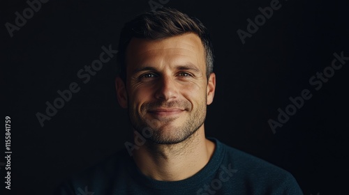 Satisfaction and confidence portrait of man against dark background soft lighting with copy space for text and emotional expression
