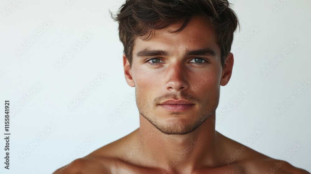 Fototapeta premium Confident shirtless man portrait with healthy skin ideal for male advertising and promotional content with space for text and banners