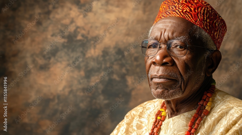 Obraz premium Elderly Black gentleman in traditional Yoruba attire with textured background and space for text in portrait composition