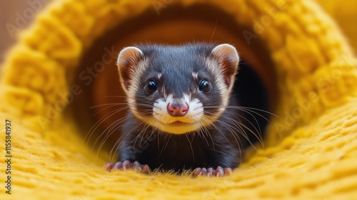 Ferret exploring a colorful tube in a playful indoor setting at a pet facility