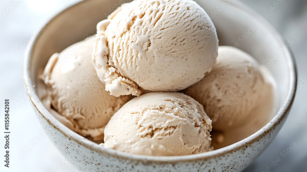 Design a close-up image of a bowl filled with almond milk ice cream scoops Design a close-up image of a bowl filled with almond milk ice cream scoops