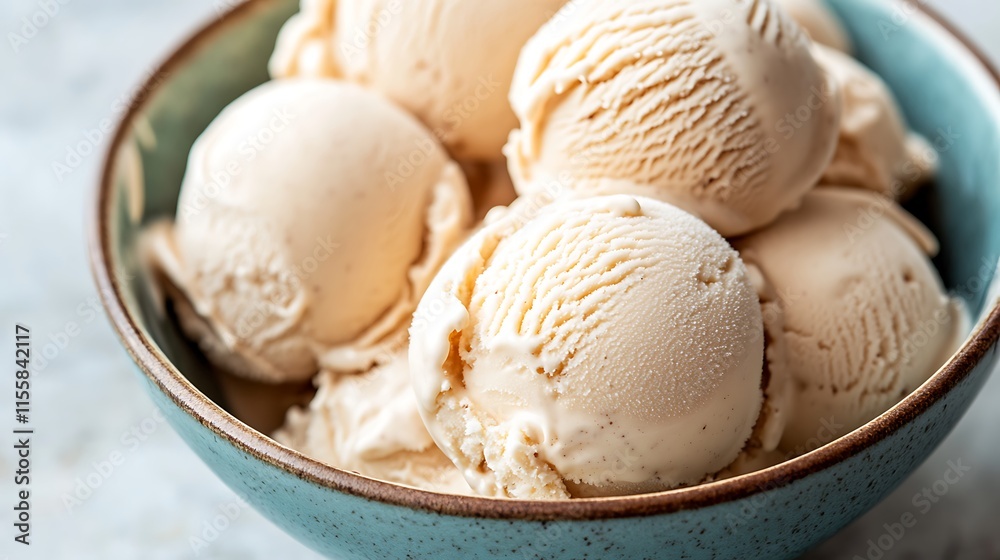 Design a close-up image of a bowl filled with almond milk ice cream scoops Design a close-up image of a bowl filled with almond milk ice cream scoops