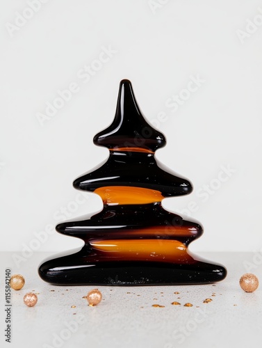 A conceptual Christmas tree made from molten glass with a glowing midriff and decorative ornaments.