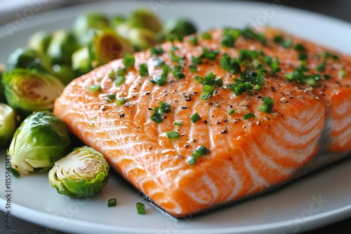 Freshly cooked salmon fillet served with rice and Brussels sprouts for a heal...