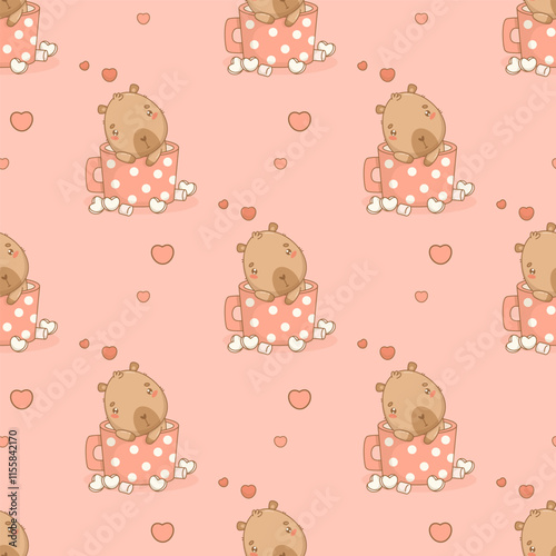 Seamless romantic pattern. Cute enamored capybara in polka dot cup with marshmallows on pink background with hearts. Vector illustration. Ornament template valentine with animal character